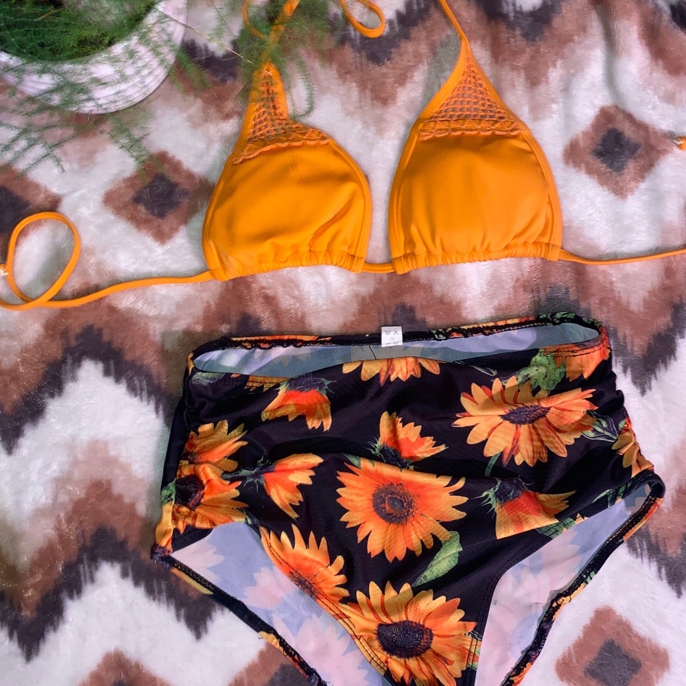 Orange Sunflower Tummy Control Two piece Bikini Bathing suit